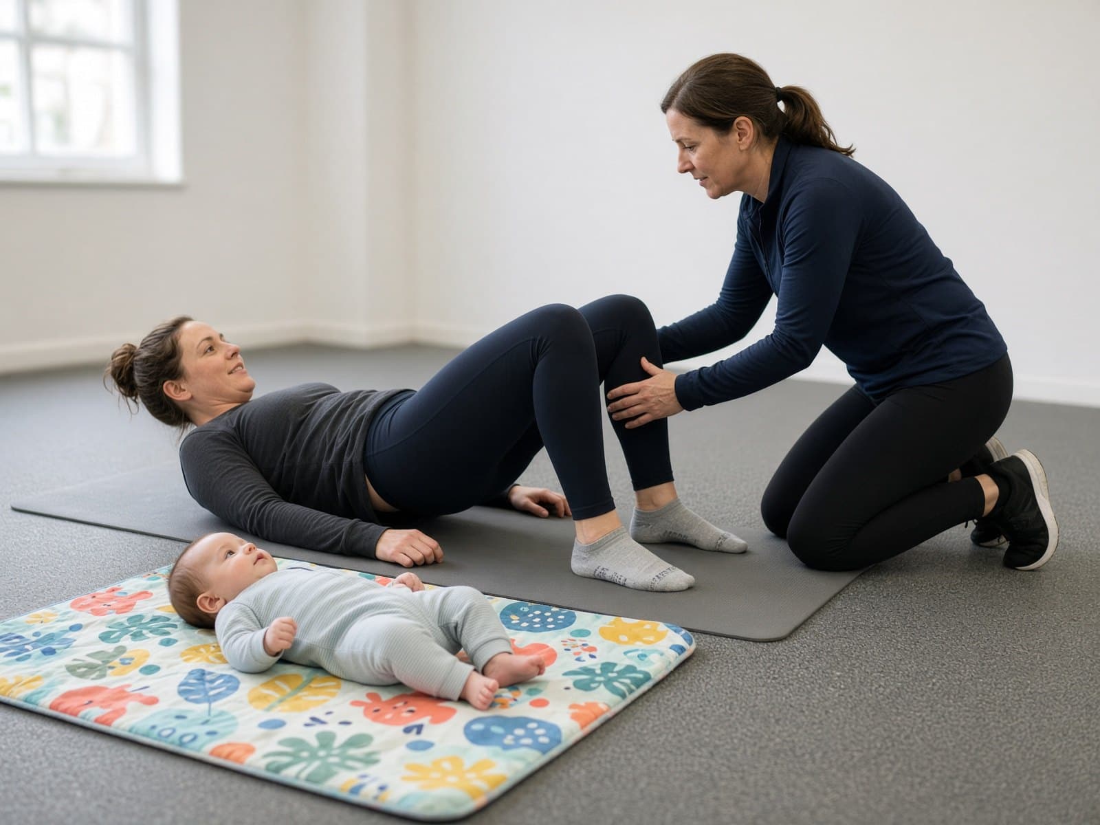 Illustration of a mum lying on an exercise mat lifting her hips into a bridge while a coach kneels beside her, her baby on a play mat alongside